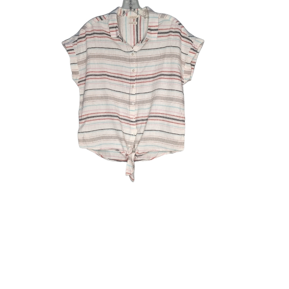 Weatherproof vintage washable linen red, white and black stripe shirt size S